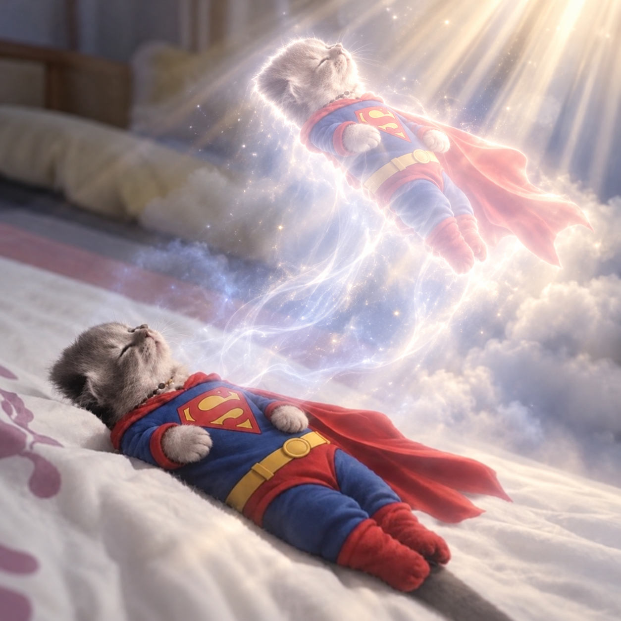 Kitten floating upward through a warm shaft of light
