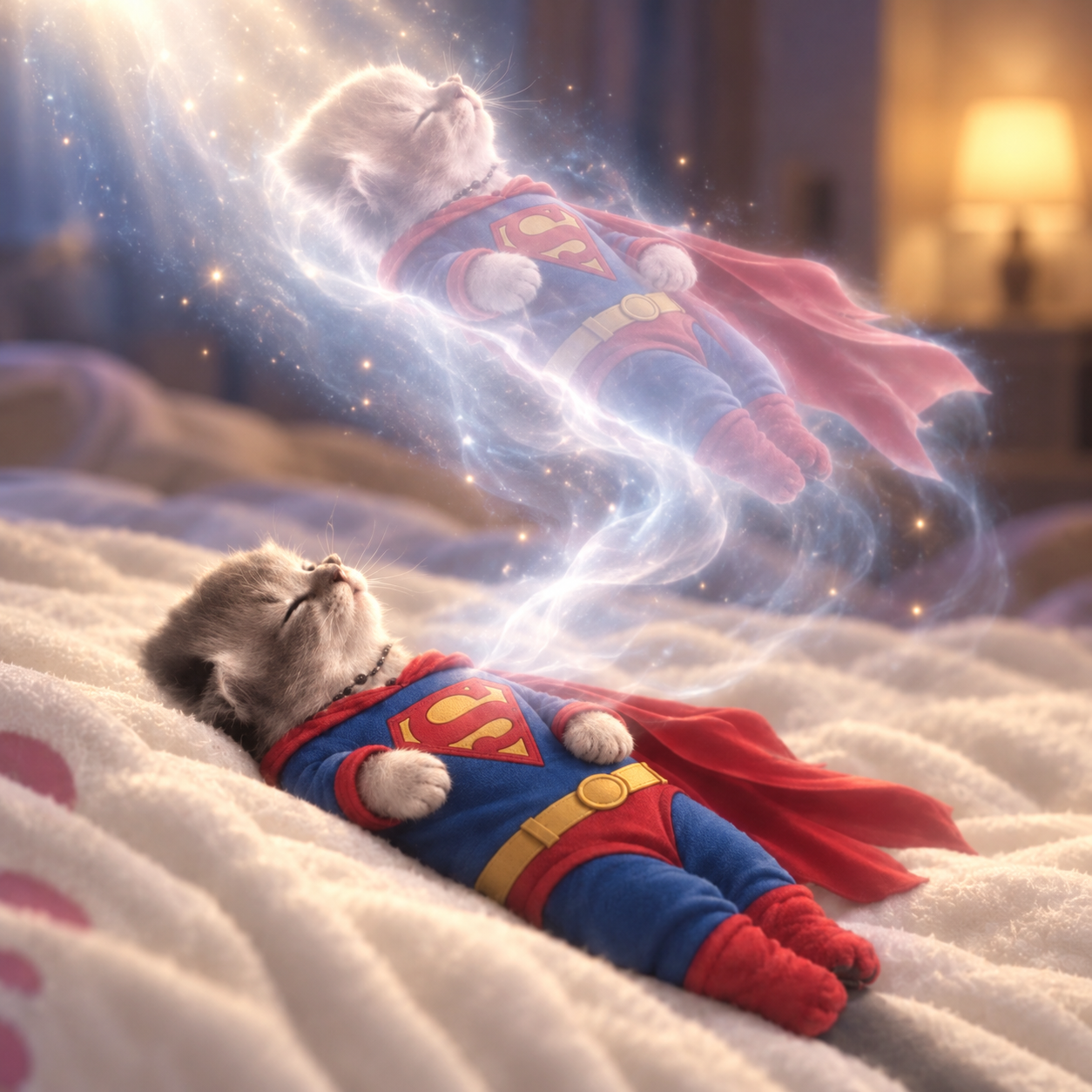 Superhero kitten levitating in a luminous bedroom